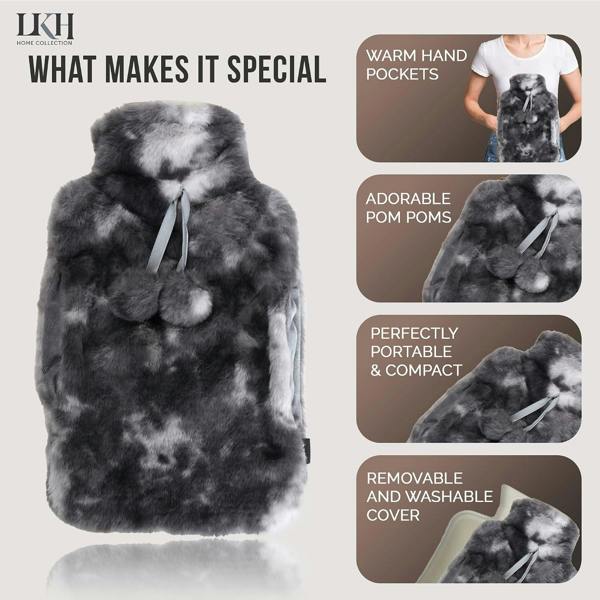 LKH HOME COLLECTION Hot Water Bottle with Cover UK 2L With Faux Fur & Pockets for Period Pain Relief Leak Resistant BPA Free Hot Bottle