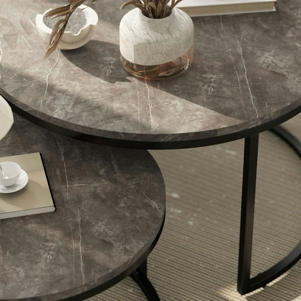 Wyld Haus Reniso Set Of 2 Metal And Wood Marble Effect Industrial Round Nesting Coffee Tables