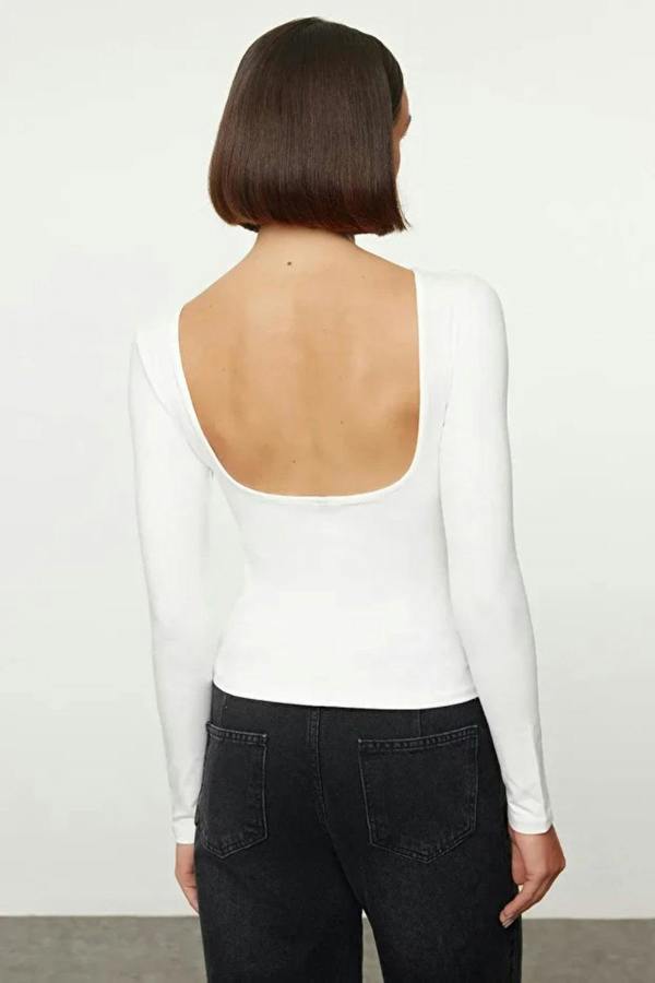 Hoxton Gal Cotton Stretch Fitted Knit Blouse with Open Back Detail