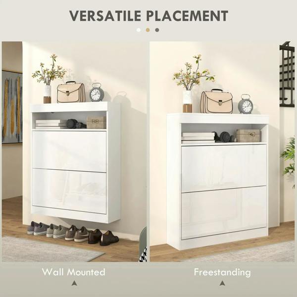 High-gloss white shoe storage cabinet with flip doors, two usage views