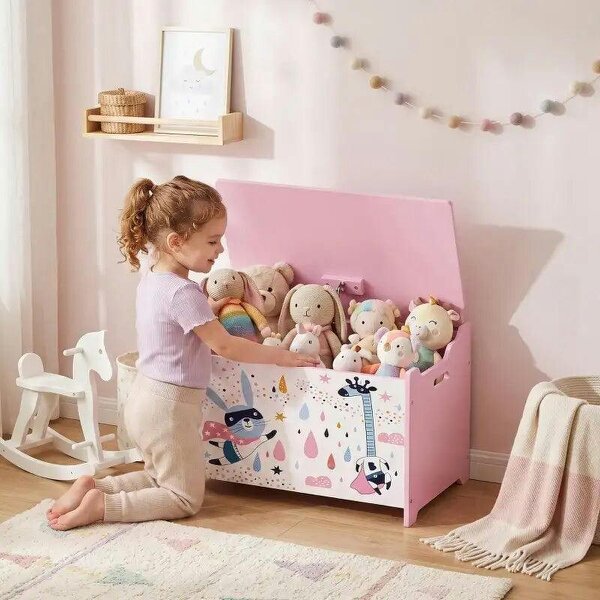 Storage Chest, Wooden Toy Chest with Lid, Flip-Top, Security Hinges and Anti-Pinch Design for Kids, Pink - Pink