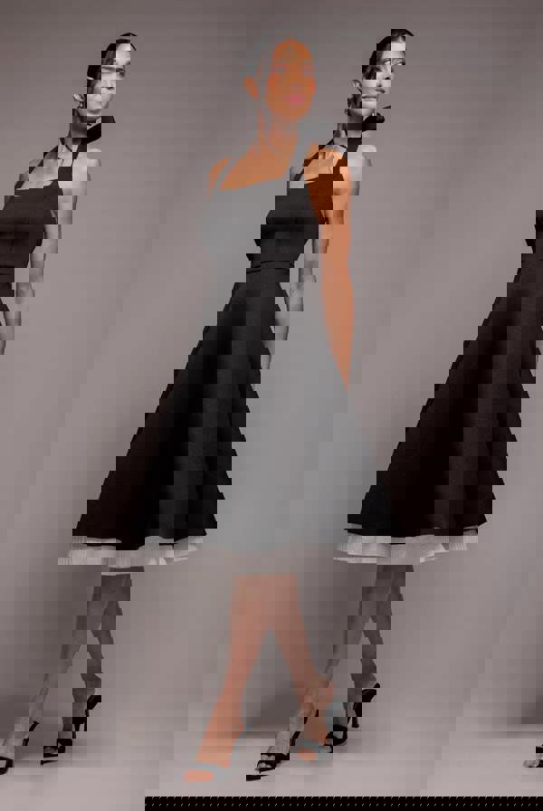 Contrast Organza Frill Bow Back Halter Midi Dress - Black Cream DR4770