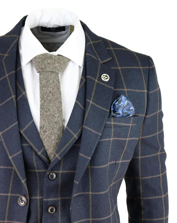 TruClothing Mens Navy Blue Check 3 Piece Tweed Suit Peaky Blinders 1920s Gatsby Tailored Fit