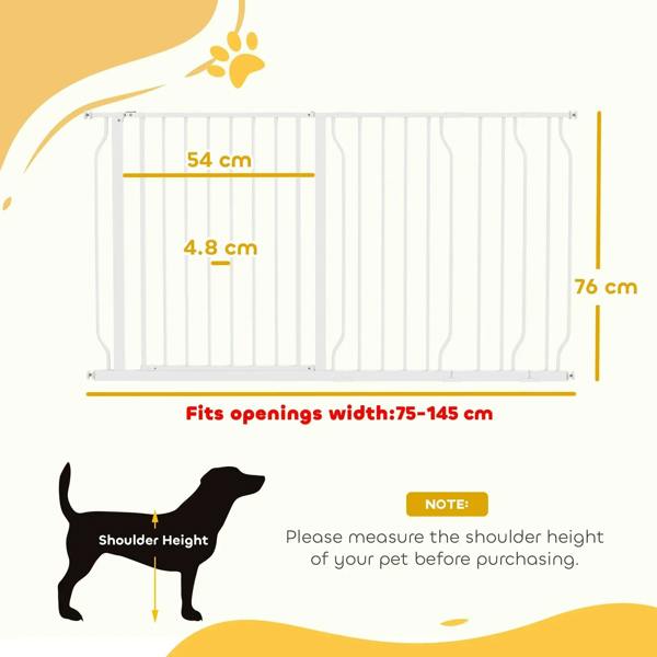 White dog safety gate sizing guide illustration with doorway width fit graphic