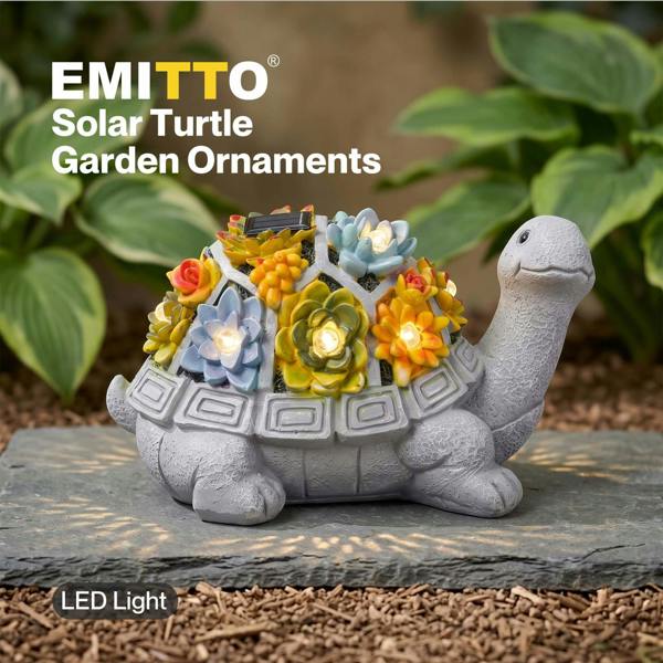 Emitto Resin Garden Ornaments Outdoor Solar Turtle Statue with LED Patio Decor