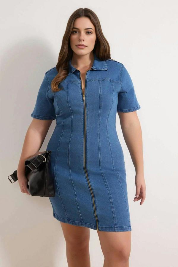 WOVCOR Front Zipper Medium Stretch Denim Plus Size Dress