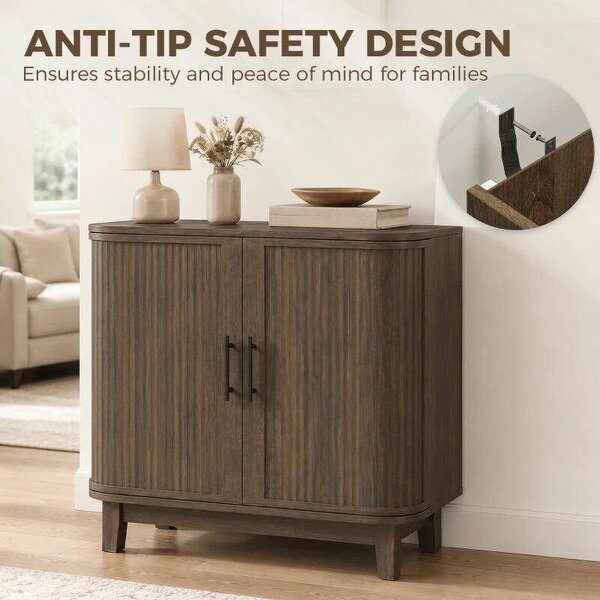 Sideboard Buffet Cabinet, Storage Cabinet with 2 Curved Doors, Adjustable Shelf and Legs for Dining Room, Dark Walnut