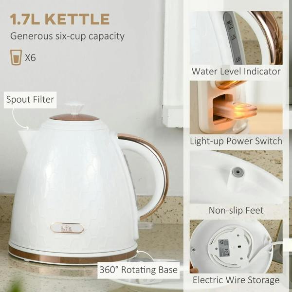 White electric kettle with copper-toned accents, 360° base, and non-slip feet