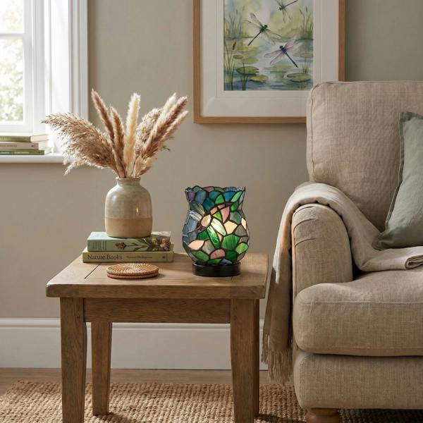 Dragonfly Themed Open Top Blue and Green Stained Glass Tiffany Lamp Image 6