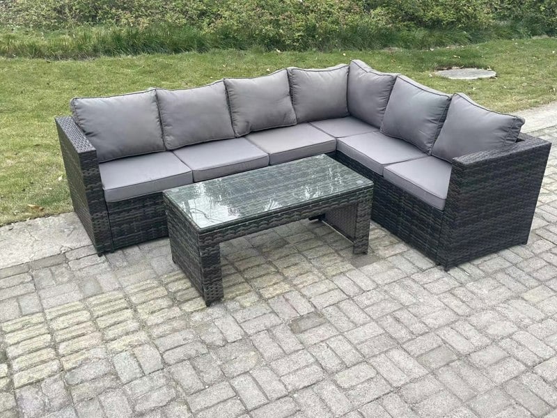 Fimous 6 Seater Rattan Corner Sofa Lounge Sofa Set With Rectangular Coffee Table Dark Grey Mixed Right Hand