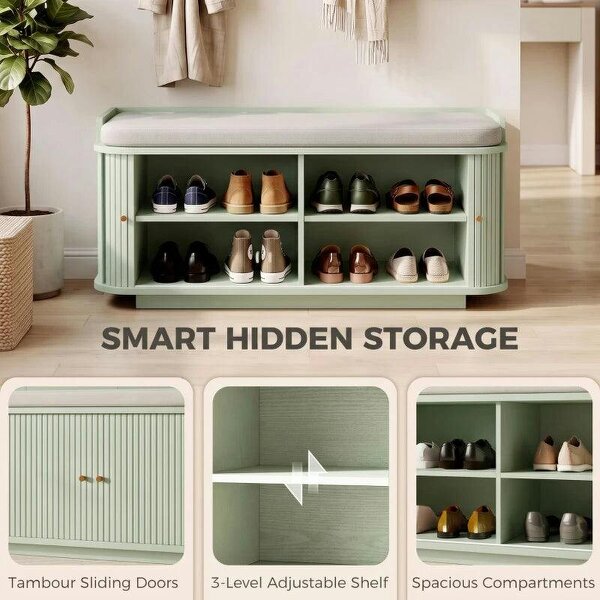 Hallway Storage Unit, Hallway Furniture Set with Shoe Storage Cabinet and 5 Hooks Coat Rack, Light Green