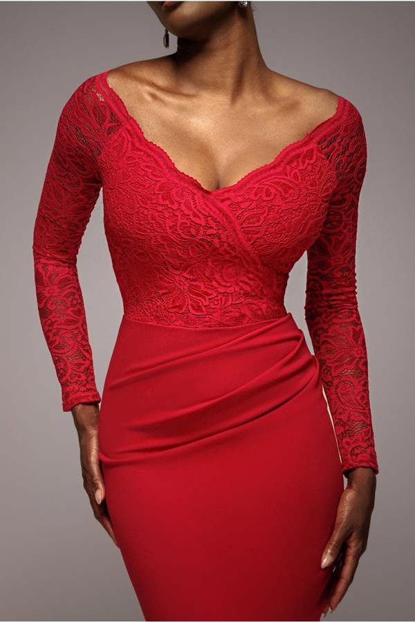 Scalloped Lace Bodice Long Sleeve Bardot Maxi Dress - Red DR4678