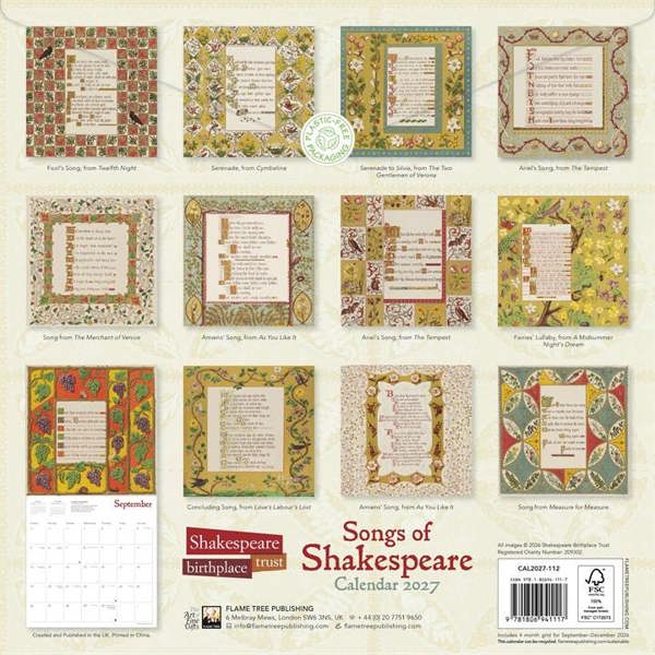 Songs of Shakespeare Calendar 2027, Wall Calendars, Month To View, Lifestyle, Gift