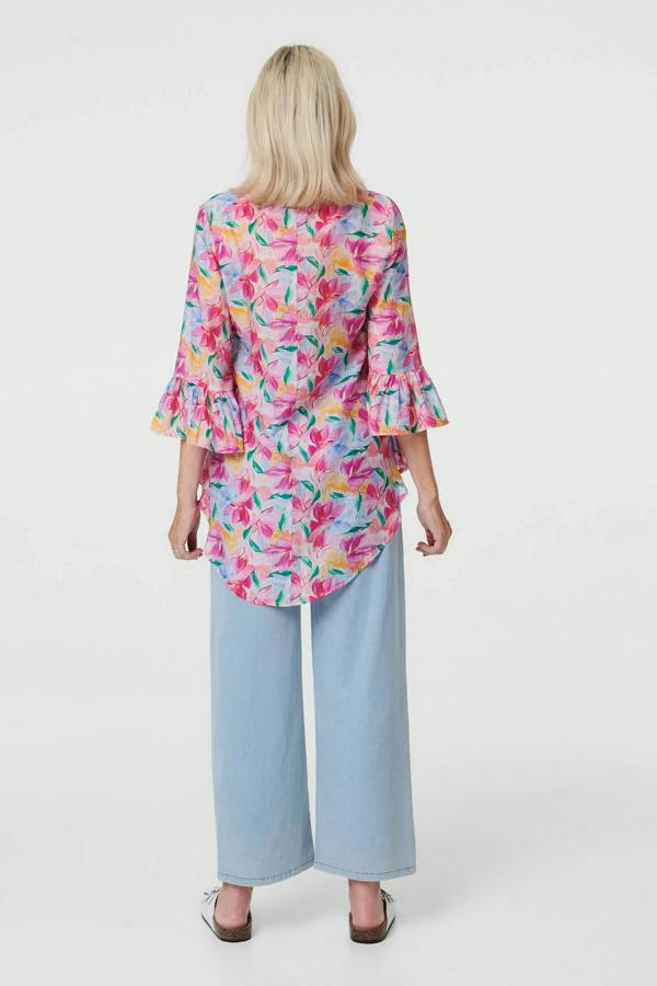 Pink | Floral Relaxed 3/4 Flare Sleeve Blouse