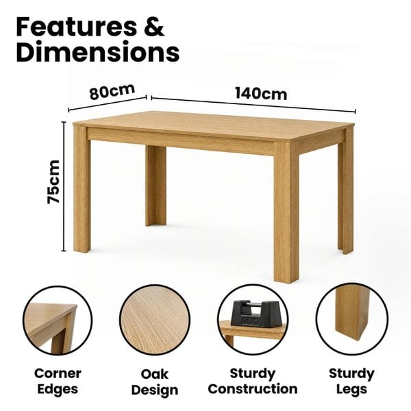 Kosy Koala Light Oak Effect Dining Table Set with 4 Grey Velvet Chairs, 140x80x75 cm