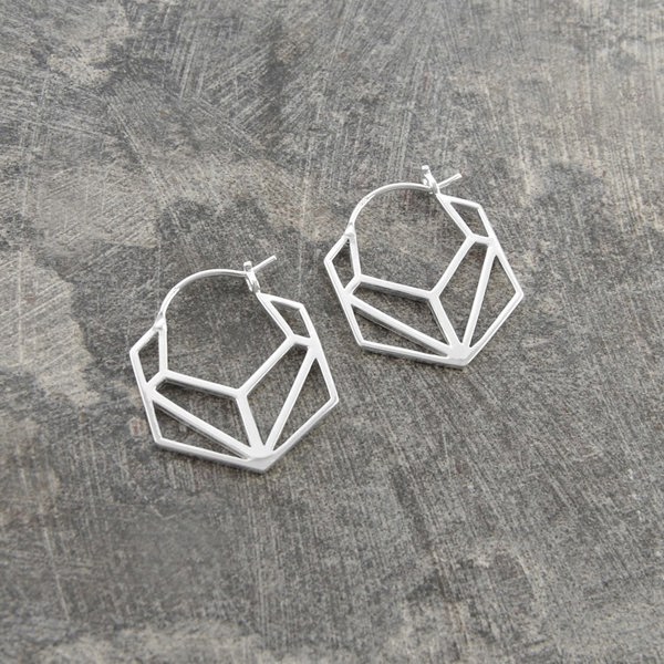 Hexagonal Geometric Silver Hoop Earrings