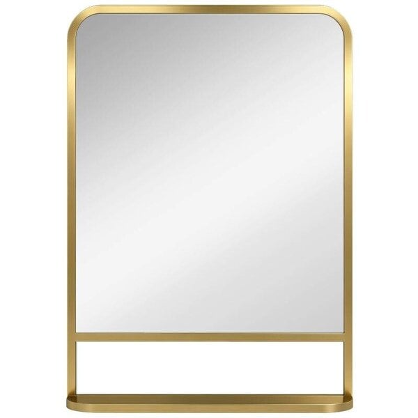 Bobobiy Modern Rectangular Wall Mirror with Storage Shelf, 70 x 50 cm, Gold Tone