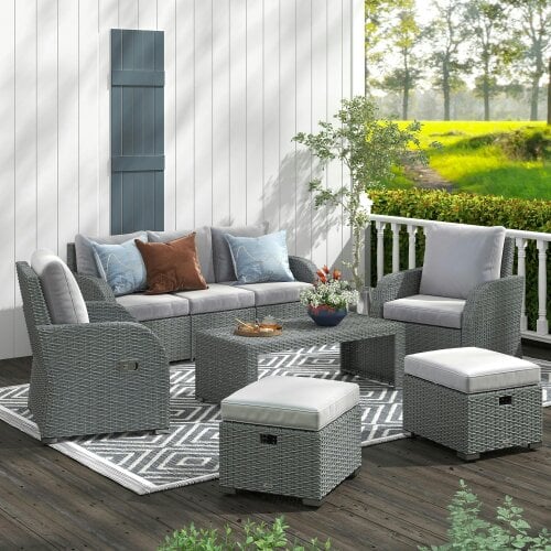 Wyld Haus Tanette Rattan Grey 7 Seater Outdoor Sofa Set With Reclining 2 Armchairs And 2 Stools