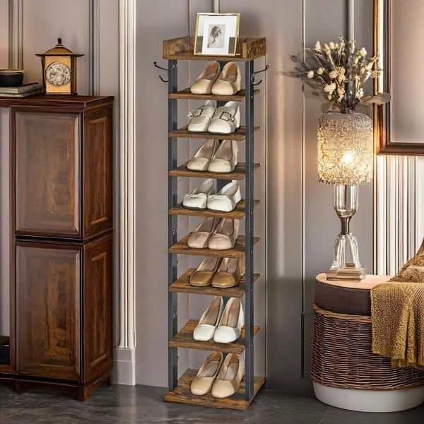 Rafaelo Mobilia 9 Tier Shoe Rack Narrow Brown