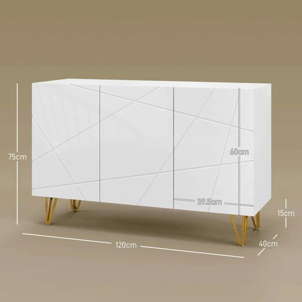 White sideboard with geometric panels and gold hairpin legs (dimensions shown)