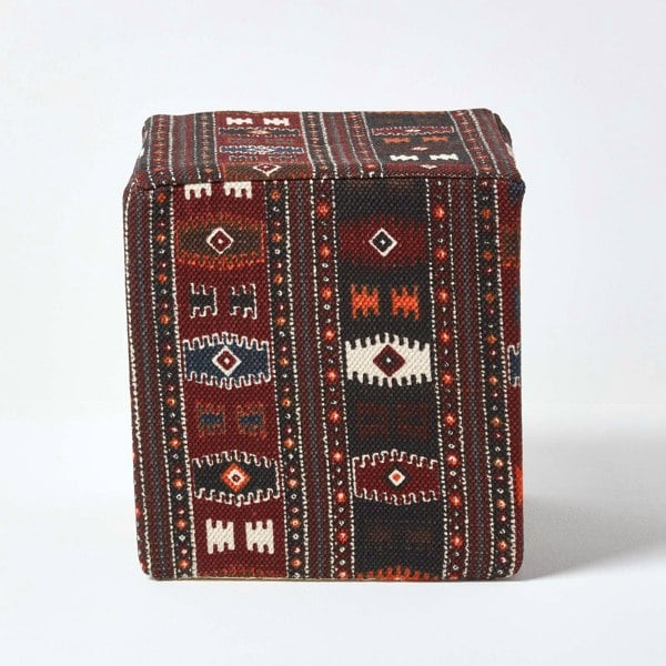 HOMESCAPES Multicolour Kilim Print Cotton Cube Pouffe - 36 x 36 x 38 cm