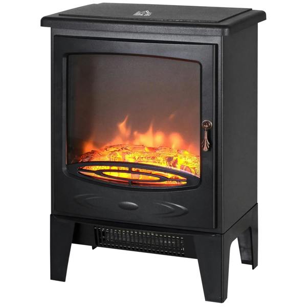 Black freestanding electric fireplace with tempered glass front and glowing flame effect