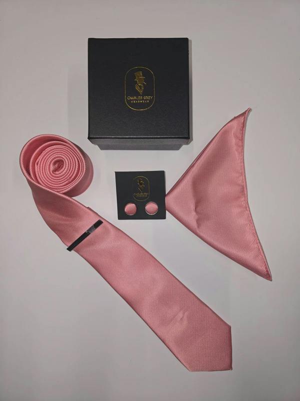 Charles Grey Tie, Pocket Square, Cuff Link & Tie Clip Set - Pink