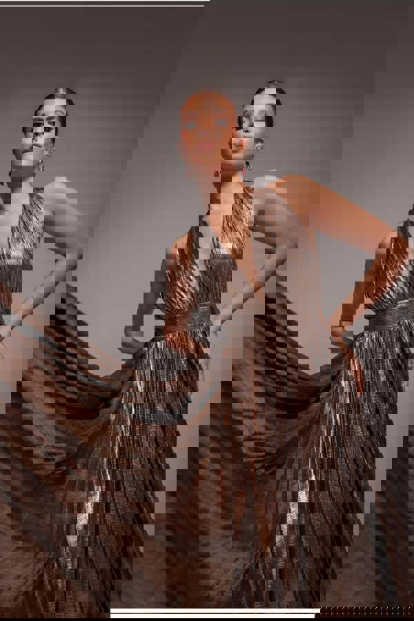 Sunrise Foil Halterneck A-Line Maxi Dress - Bronze DR4697