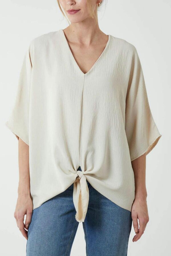 Hoxton Gal Oversized V Neck Tie Detailed Top with 3/4 Sleeves in Beige