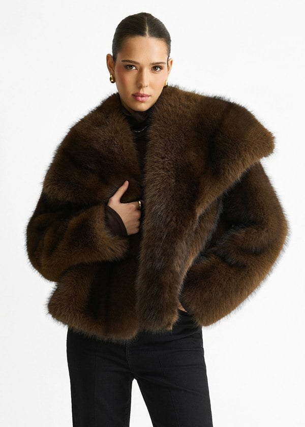 Gini London Coffee Ombre Lapel Faux Fur Jacket