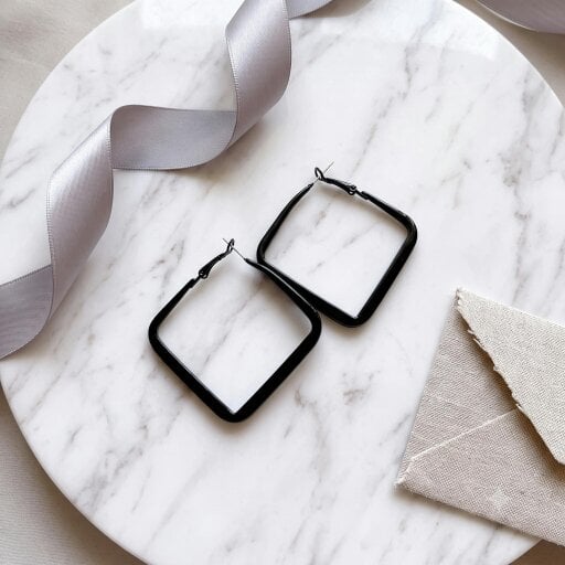 The Colourful Aura Black Square Geometric Large Dainty Threader Statement Hoop Earrings