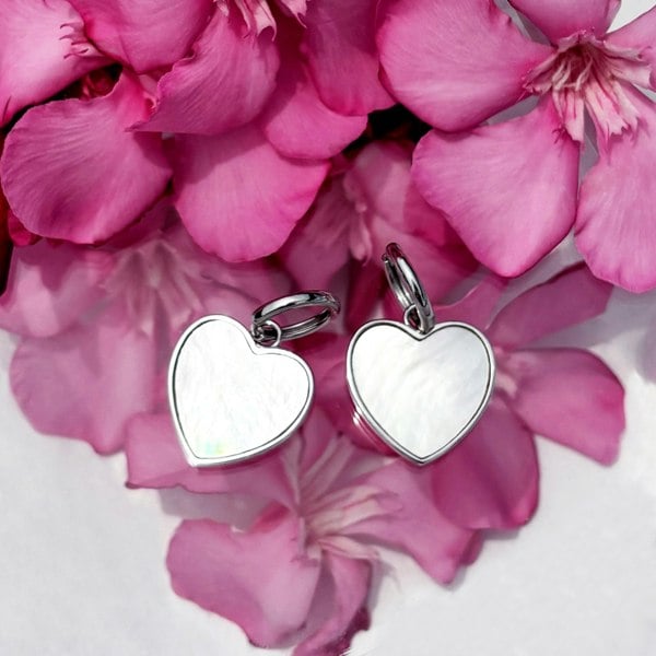 Silver heart earrings with mother of pearl charms by LENAE London.