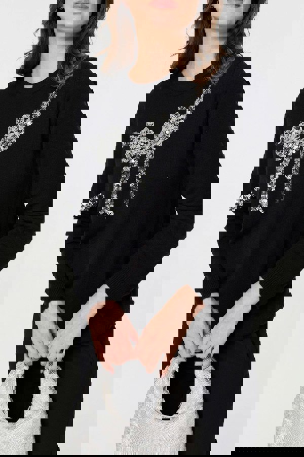 Black | Sequin Bow Print Long Sleeve Jumper
