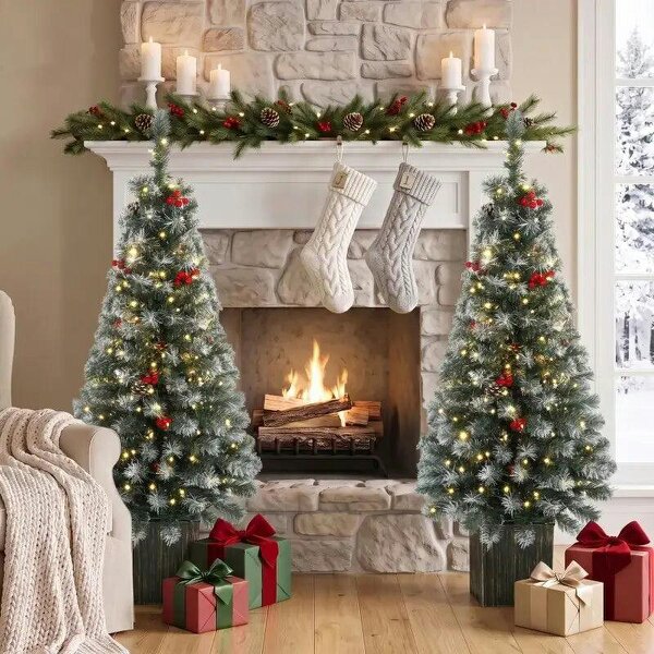 4ft Pre-Lit Slim Artificial Christmas Tree Set of 2, with 100 Dual-Colour LED Lights, 140 Frosted Branch Tips - Green
