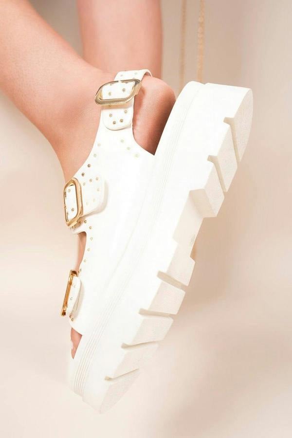 Zora Chunky Double Buckle Studded Platform Sandals - Black
