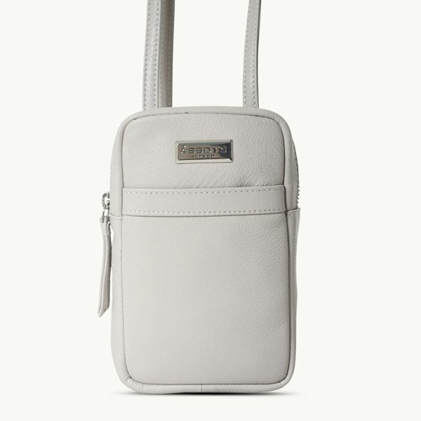Assots London 'LEO' Ice Grey Nappa Real Leather Crossbody Mobile Phone Bag