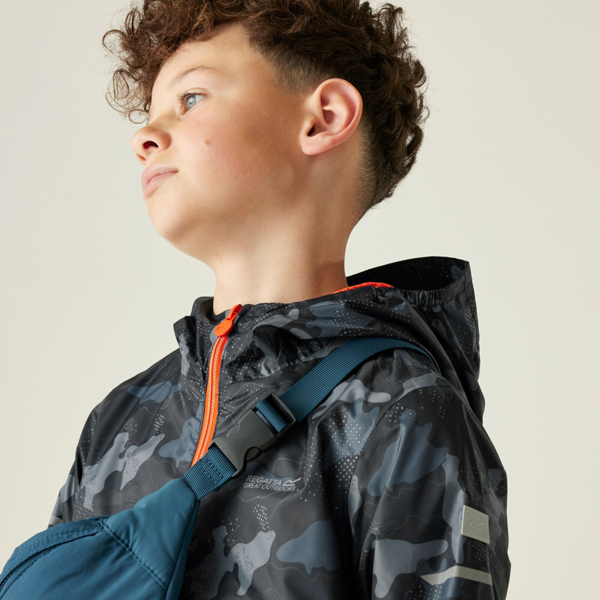 Regatta Kids Lever II Camo Waterproof Jacket - Navy/Tangerine Tango