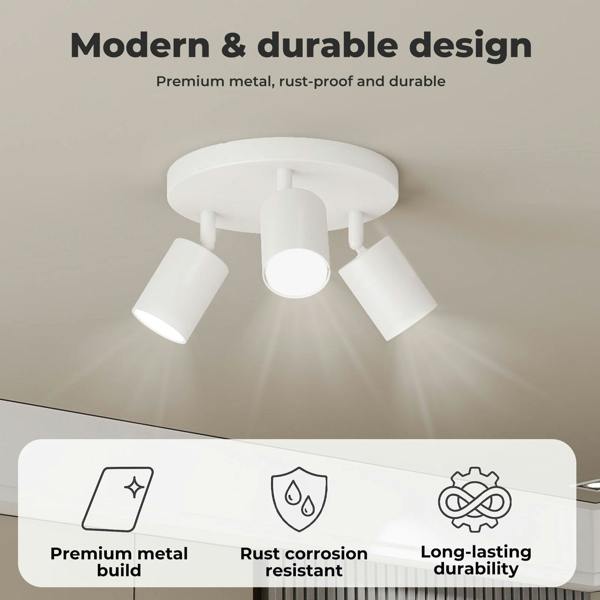 EMITTO 3-Way Spotlight Ceiling Light Adjustable GU10 Modern White Round Base