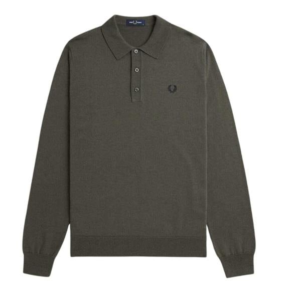 Fred Perry Plain Field Green Long Sleeve Knitted Polo S