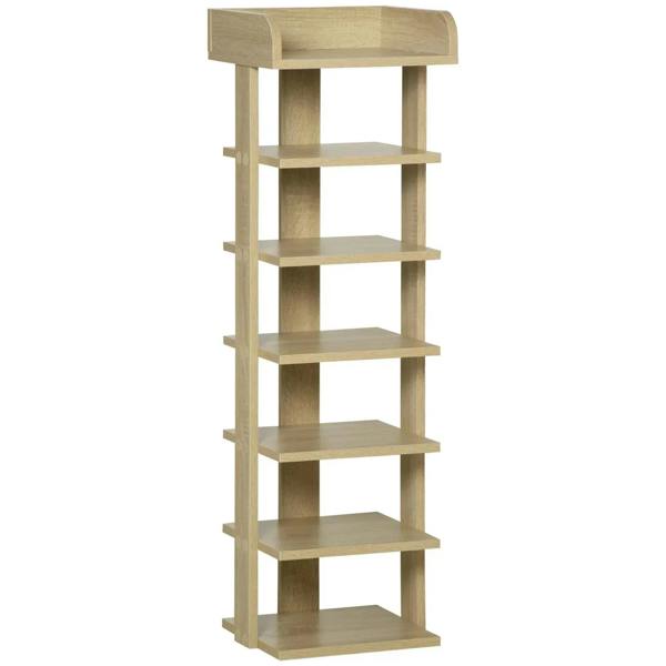 Oak seven-tier shoe rack with open shelves and a top surface