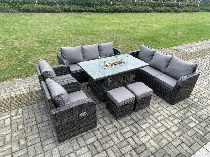 Fimous Garden Patio Furniture Wicker Rattan Gas Fire Pit Table and Sofa Chair set with 2 Small Footstools