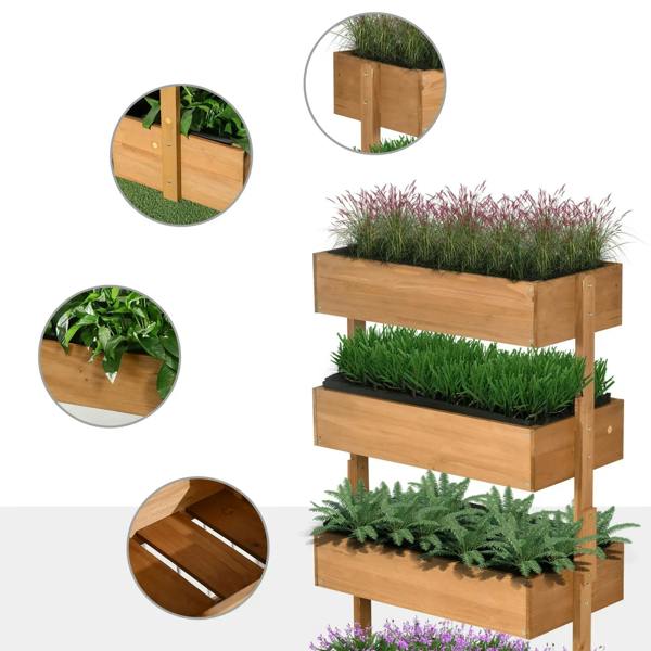 Four-tier wooden plant stand with grass plants and circular detail insets