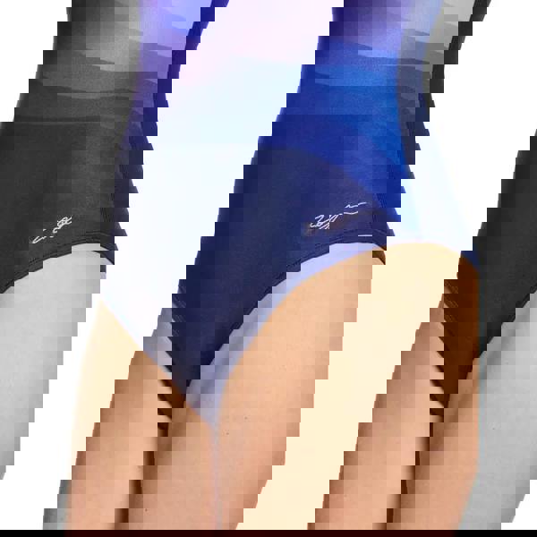 Zoggs Zephyr Scoopback Swimsuit in blue purple gradient with logo