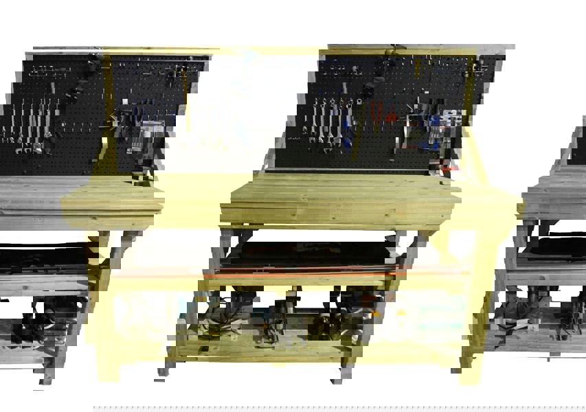 Indoor/Outdoor Pressure-Treated Double Shelf with peg-board Workbench, a robust and versatile solution for all your workspace needs. Handcrafted in the UK, this workbench is constructed from high-quality, pressure-treated timber, ensuring durability and resistance to the elements, making it suitable for both indoor and outdoor use