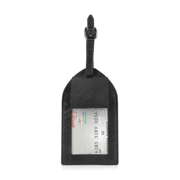 Top view of black leather luggage tag showing clear ID window and leather buckle strap.