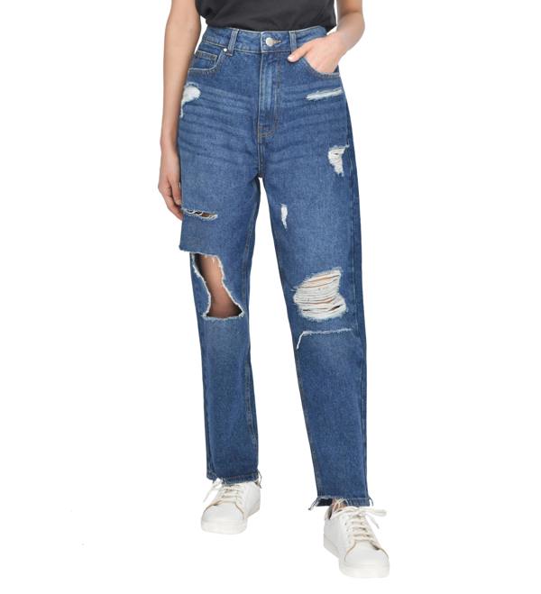 Smart Living Women's Casual Style High-Waist Torn Hem Rip Mom Jeans - Dark Wash