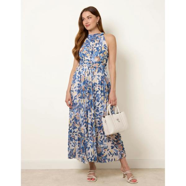 Blue Vanilla Printed Pleated Dress With Belt