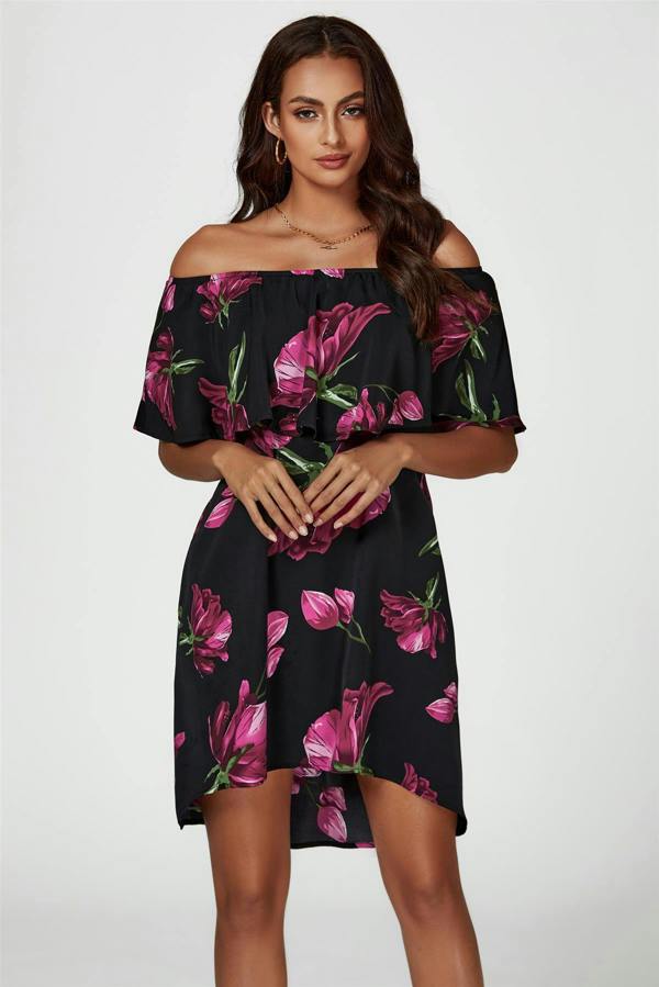 FS Collection Pink Floral Print Bardot Frill Off Shoulder Mini Dress In Black