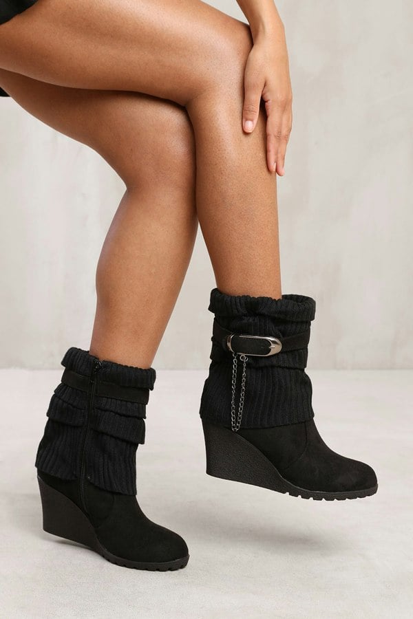Where's That From Bryony Wedge Heel Slouchy Ankle Boots With Knitted Collar in Black Faux Suede