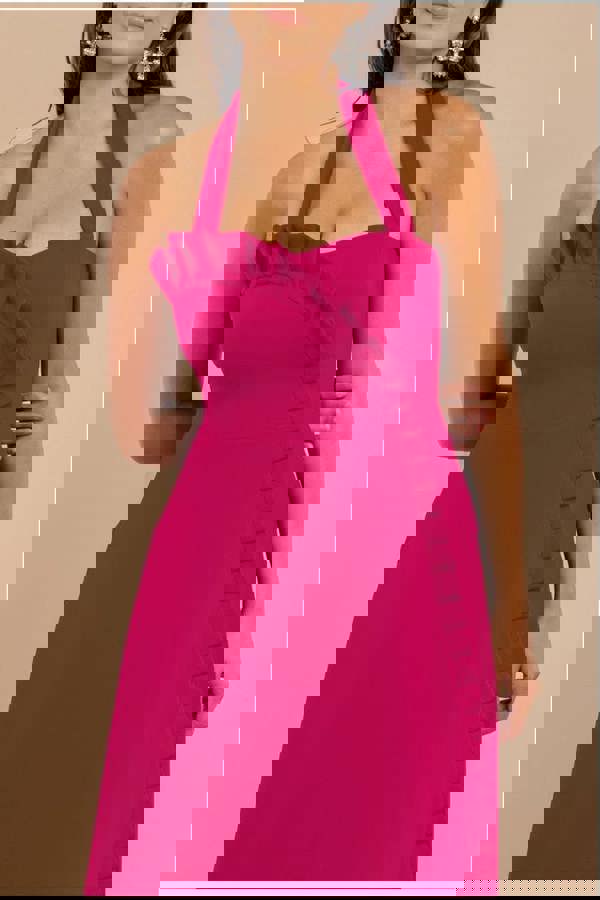 Frilled Halter Neck Strap Midi Dress - Magenta DR4205